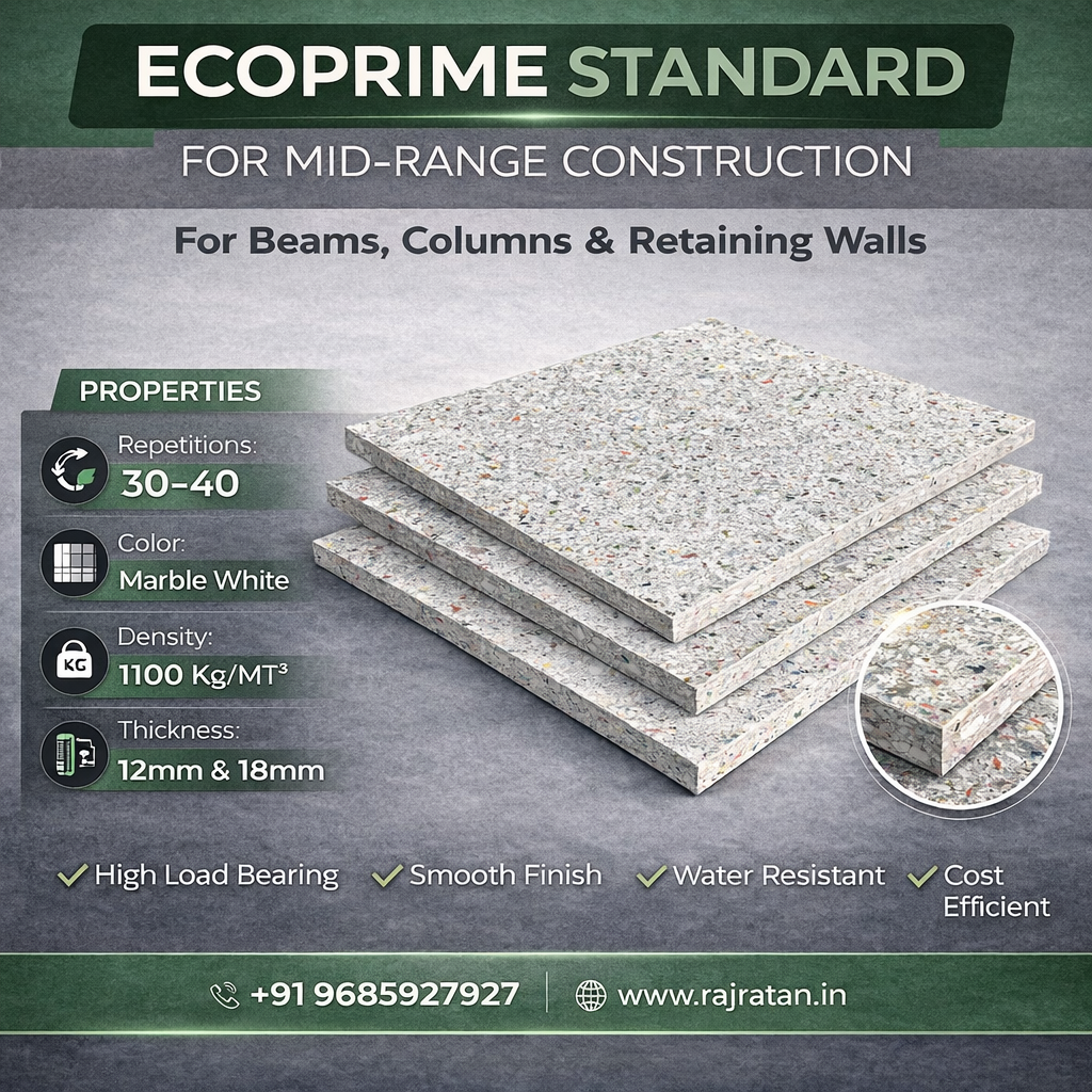 For contractors, builders, and site engineers, choosing the right shuttering material can have a direct impact on construction quality, labour requirements, project timelines, and overall cost. Traditional plywood has been widely used for concrete formwork, but repeated exposure to moisture and demanding site conditions can cause swelling, edge damage, warping, and deterioration. As a result, contractors are increasingly exploring durable composite alternatives that can withstand repeated concrete pours while delivering consistent surface quality. One such option is the PAC® Shuttering Board, a polymer-composite formwork board designed as an alternative to conventional plywood and other formwork materials. At Rajratan Industries Private Limited, the PAC® Shuttering Board range includes the ECOPRIME Standard and ECOPRIME Premium grades, along with an 18mm heavy-duty option for applications requiring additional stiffness. But which one should you choose? The answer depends on your project type, expected repetitions, handling conditions, and structural requirements. What Is a PAC® Shuttering Board? A PAC® Shuttering Board is a composite formwork sheet made using industrial-grade plastic materials reinforced with aluminium oxide, fibres, and XLP metals. The board is designed for concrete formwork applications where resistance to moisture, repeated handling, and consistent surface performance are important. Unlike conventional plywood, the PAC® board is designed to be resistant to water, termites, rot, and common moisture-related problems. Its non-absorbent surface also helps maintain a more consistent formwork condition during concrete casting. Another important feature is Rajratan's 40% buyback program, through which used PAC® boards can be returned and their value adjusted against the purchase of new boards, subject to the applicable buyback terms. This creates an opportunity to recover part of the material value at the end of its service life instead of treating the used board simply as construction scrap. ECOPRIME Standard vs ECOPRIME Premium Both ECOPRIME Standard and ECOPRIME Premium are designed for concrete formwork, but they are intended for different levels of usage. Technical Feature ECOPRIME Standard ECOPRIME Premium 18mm Heavy-Duty Colour Marble White Marble Black Marble Black / Grey Standard Thickness 12 mm 12 mm 18 mm Sheet Size 8 ft × 4 ft 8 ft × 4 ft 8 ft × 4 ft Expected Repetitions 30–40 runs 60–100+ runs 80+ runs Density 1100 kg/m³ 1320 kg/m³ 1320 kg/m³ Approx. Sheet Weight 40 kg 45 kg 62 kg Best Suited For Residential and low-rise projects Commercial, high-rise and repeated-use projects Heavy RCC applications The right choice therefore depends less on simply comparing the purchase price and more on how many times the board will be used and the type of concrete work involved. ECOPRIME Standard: A Practical Choice for Regular Construction ECOPRIME Standard is a 12mm marble-white PAC® Shuttering Board designed for projects requiring reliable performance with a moderate number of repetitions. With an approximate density of 1100 kg/m³ and a weight of around 40 kg per 8 × 4 ft sheet, it is comparatively easier to handle at the construction site. It is particularly suitable for: Residential buildings Low-rise commercial projects Slabs and beams Columns Projects where 30–40 repetitions are sufficient For contractors working on smaller or medium-sized projects, Standard can offer a practical balance between initial investment, handling, and expected service life. Understanding the Cost Per Use Based on the figures in the product specifications: Approximate price: ₹2,560 per 8 × 4 ft sheet Expected usage: up to around 40 repetitions Approximate cost per use: ₹64 per repetition With the applicable 40% buyback arrangement, the effective cost can reduce further depending on the final buyback value and purchase terms. This is why evaluating shuttering material purely on its initial purchase price can be misleading. The more useful metric is often cost per concrete pour or cost per repetition. ECOPRIME Premium: Designed for Higher Repetition and Demanding Projects ECOPRIME Premium is a 12mm marble-black PAC® Shuttering Board designed for applications where higher repetition and greater board density are important. With a density of approximately 1320 kg/m³ and a sheet weight of around 45 kg, Premium is designed for more demanding formwork applications. It is suitable for: Commercial construction High-rise buildings Large residential projects System formwork Projects requiring frequent reuse Applications where consistent board performance over multiple cycles is important The Premium grade is designed to deliver approximately 60–100+ repetitions, depending on factors such as framing, handling, cleaning, storage, and site practices. Cost Per Repetition Using the stated product figures: Approximate price: ₹2,880 per 8 × 4 ft sheet Example usage: 80 repetitions Approximate cost per repetition: ₹36 This demonstrates an important point: a board with a higher initial price can potentially provide a lower cost per use when it achieves significantly more repetitions. For contractors handling large projects, this can make the Premium grade a more economical option over the complete project lifecycle. Standard vs Premium: Which PAC® Board Should You Choose? There is no single answer for every construction project. The better choice depends on three key factors. 1. Project Size and Construction Timeline For residential houses and low-rise construction where the number of required repetitions is relatively moderate, ECOPRIME Standard can be a practical choice. For high-rise buildings, commercial projects, and projects involving repeated formwork cycles, ECOPRIME Premium may be more suitable because of its higher density and higher expected repetitions. 2. Site Handling Conditions The way shuttering boards are handled has a major impact on their service life. Boards that are properly cleaned, stored, handled, and installed can generally provide better long-term performance. If your project has frequent shuttering cycles and proper site supervision, investing in a higher-performance board can make sense. For projects with moderate usage, Standard can provide a more economical starting point. 3. Type of Structural Work For standard slabs, beams, and columns, a 12mm PAC® Shuttering Board may be suitable depending on the formwork design and support arrangement. For applications involving heavier RCC sections, retaining walls, bridge-related structures, or situations requiring additional stiffness, the 18mm heavy-duty board can be considered. The final thickness and support arrangement should always be selected according to the structural and formwork requirements of the project. How to Get Better Performance from PAC® Shuttering Boards Even a durable shuttering board needs proper handling to achieve its expected service life. Use Appropriate Nails and Screws PAC® boards can be cut, nailed, screwed, and drilled using commonly used carpentry tools. When nailing, avoid placing nails too close to the edge. Maintaining an appropriate edge distance helps reduce the possibility of damage during installation. Use the Right Cutting Tool A standard circular saw can be used for cutting the boards. A suitable blade with approximately 40–60 teeth can help produce a cleaner edge. Apply Shuttering Oil Correctly PAC® boards do not require the same level of oiling as conventional plywood. A light and even application of suitable shuttering oil can help make de-shuttering easier and keep the board surface cleaner. Maintain Proper Support Spacing The support system below the shuttering board plays an important role in controlling deflection. For the support arrangement mentioned in the product guidelines, runners can be maintained at approximately 12 inches centre-to-centre, subject to the formwork design and load requirements. Proper support is particularly important when working with wet concrete because the pressure exerted on the formwork can be significant. PAC® Shuttering Board vs Traditional Plywood The biggest difference between the two materials is not simply the purchase price. It is the way the material behaves over repeated cycles. Plywood can be affected by moisture, swelling, edge damage, warping, and deterioration with repeated use. PAC® Shuttering Board is designed to address these issues through its composite construction and moisture-resistant properties. However, the actual economics of any shuttering material depend on several factors: Purchase price Number of repetitions Labour requirements Handling losses Surface finish Cleaning and maintenance Transportation End-of-life value Therefore, contractors should compare total cost of ownership, rather than looking only at the initial price per sheet. Trial Before Bulk Purchase For contractors considering PAC® Shuttering Boards for the first time, starting with a smaller trial quantity can be a practical approach. A trial order of 5–10 sheets allows the site team to evaluate: Cutting Nailing and screwing Handling De-shuttering Concrete surface finish Cleaning Repetition performance Once the board has been tested under actual site conditions, the contractor can decide which grade is better suited to the project before moving to larger quantities. Ordering and Logistics Rajratan supplies PAC® Shuttering Boards to customers across India. For standard orders, the stated payment structure is 30% advance and 70% balance before dispatch, while transportation is handled through third-party logistics providers. For smaller trial orders, delivery may be arranged through the transporter's nearest godown, while larger orders can be delivered to the project site depending on logistics and location. Customers should confirm current pricing, availability, transportation charges, payment terms, and delivery conditions with Rajratan before placing an order. Frequently Asked Questions Will PAC® Shuttering Board crack during normal site handling? PAC® Shuttering Boards are designed to be impact-resistant and suitable for regular construction-site handling. However, like any formwork material, unnecessary throwing, dropping, or improper handling should be avoided. Can PAC® Shuttering Board be cut and nailed like plywood? Yes. The board can be cut, nailed, screwed, and drilled using commonly used carpentry tools. How does the 40% buyback program work? Under the applicable buyback program, used PAC® boards can be returned and the eligible value can be adjusted against the purchase of new boards. Contractors should confirm the current buyback terms and conditions with Rajratan before purchase. Which is better: ECOPRIME Standard or Premium? ECOPRIME Standard is suited to projects requiring moderate repetitions and a more economical initial investment. ECOPRIME Premium is better suited to projects where higher repetitions, higher density, and long-term reuse are priorities. For heavy RCC applications, the 18mm option can be considered where additional stiffness is required. How many times can a PAC® Shuttering Board be reused? The expected repetitions vary by grade: ECOPRIME Standard: approximately 30–40 repetitions ECOPRIME Premium: approximately 60–100+ repetitions 18mm Heavy-Duty: approximately 80+ repetitions Actual performance depends on installation, support spacing, cleaning, handling, storage, and overall site conditions. Final Verdict: Choose Based on Usage, Not Just Price The right shuttering board is the one that delivers the best balance between initial investment, repetitions, handling, surface finish, and overall project requirements. For smaller residential and low-rise projects, ECOPRIME Standard provides a practical option for moderate reuse. For commercial, high-rise, and high-repetition projects, ECOPRIME Premium offers a higher-performance alternative designed for extended reuse. And when the application demands additional thickness and stiffness, the 18mm heavy-duty PAC® Shuttering Board can be considered. Before making a bulk purchase, evaluate the board on your actual site conditions and calculate the cost per repetition. That gives a much clearer picture of the real economics of your shuttering material. Looking for the right PAC® Shuttering Board for your project? Connect with Rajratan Industries Private Limited to discuss your project requirements, board grade, quantity, and delivery options. PAC® Shuttering Board — designed for repeated use, consistent performance, and more efficient concrete formwork.