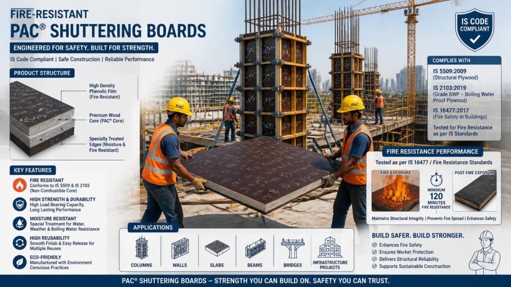 Fire-resistant PAC shuttering boards demonstrating IS code compliance on a commercial construction site