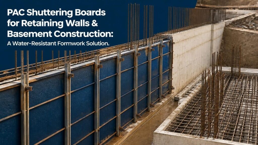 Water-resistant PAC shuttering boards set up for basement and retaining wall construction