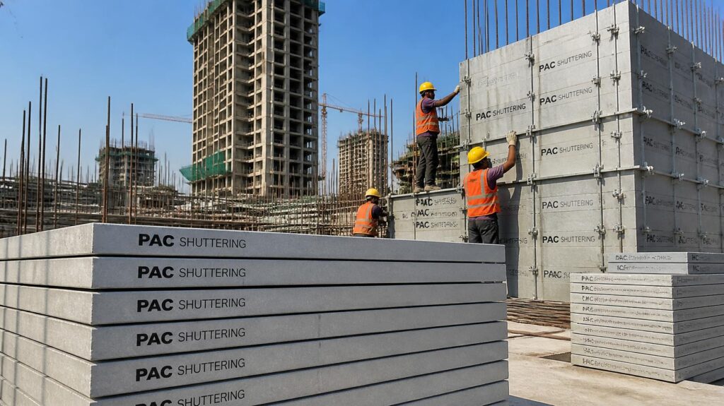 Workers installing lightweight PAC shuttering boards on a high-rise construction site to reduce labour costs