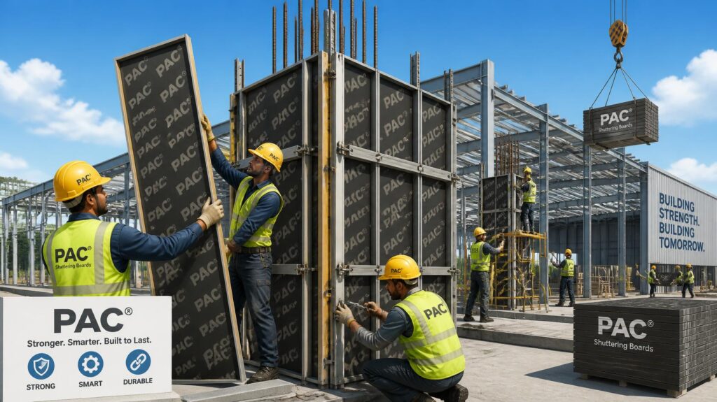 Large-scale industrial shed and warehouse construction site using PAC shuttering boards as concrete formwork